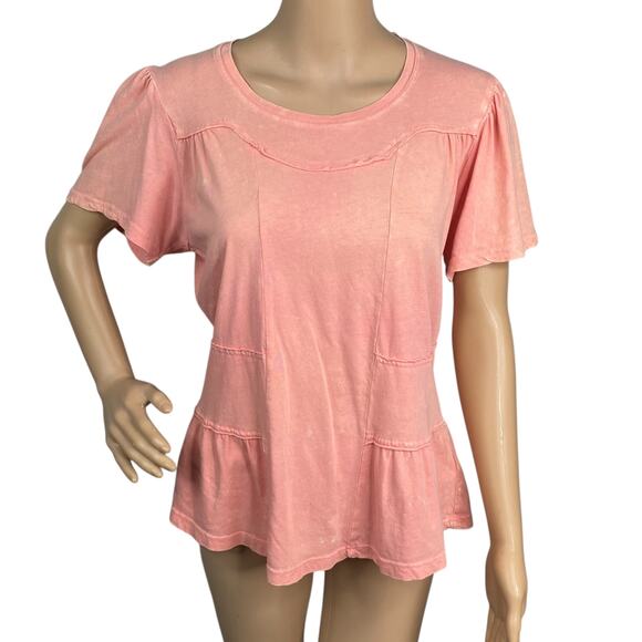 Anthropologie Deletta Peach Pink Acid Wash Flutter Sleeve Peplum Tee Top SZ M - Picture 1 of 10